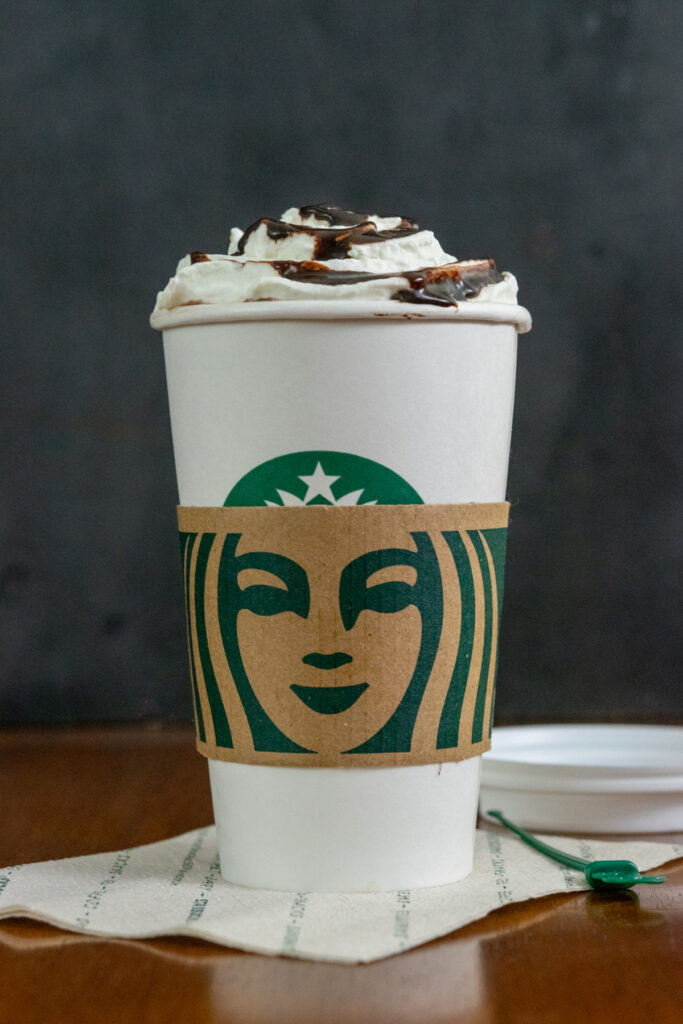 Starbucks Hot Chocolate with chocolate mocha drizzle on the whipped cream.