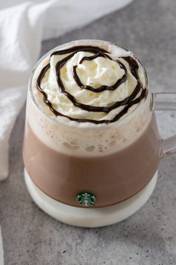 Homemade Starbucks hot chocolate topped with whipped cream and drizzled with dark chocolate sauce.