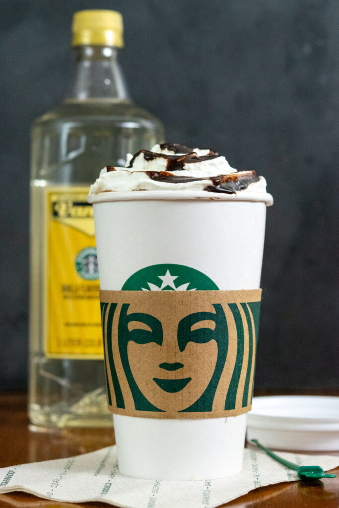 A Starbucks hot chocolate with whipped cream and chocolate mocha drizzle in front of a bottle of Starbucks vanilla syrup.