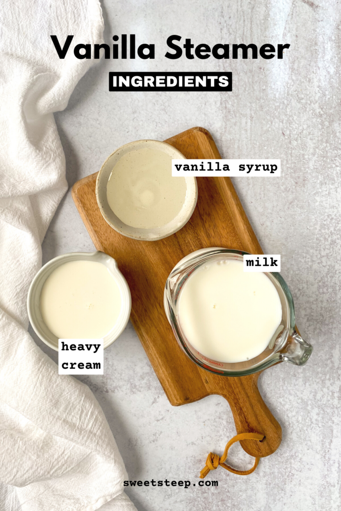 Ingredients needed to make a copycat Starbucks vanilla steamer in bowls, including vanilla syrup, milk and heavy cream.