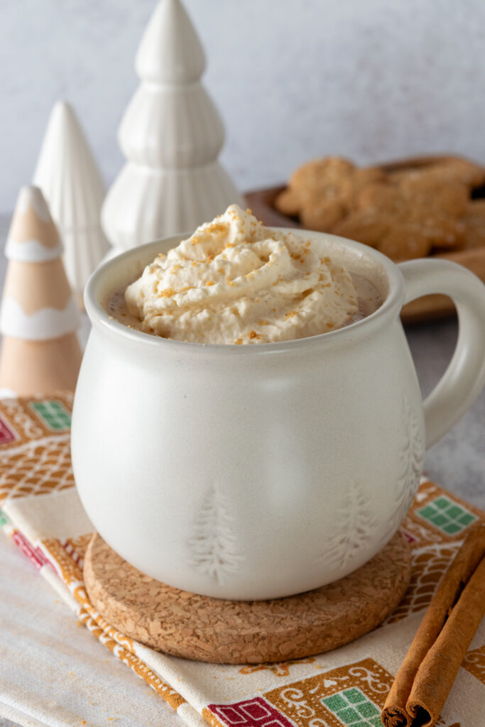 Homemade gingerbread hot chocolate topped with gingerbread whipped cream and crushed gingerbread cookie.