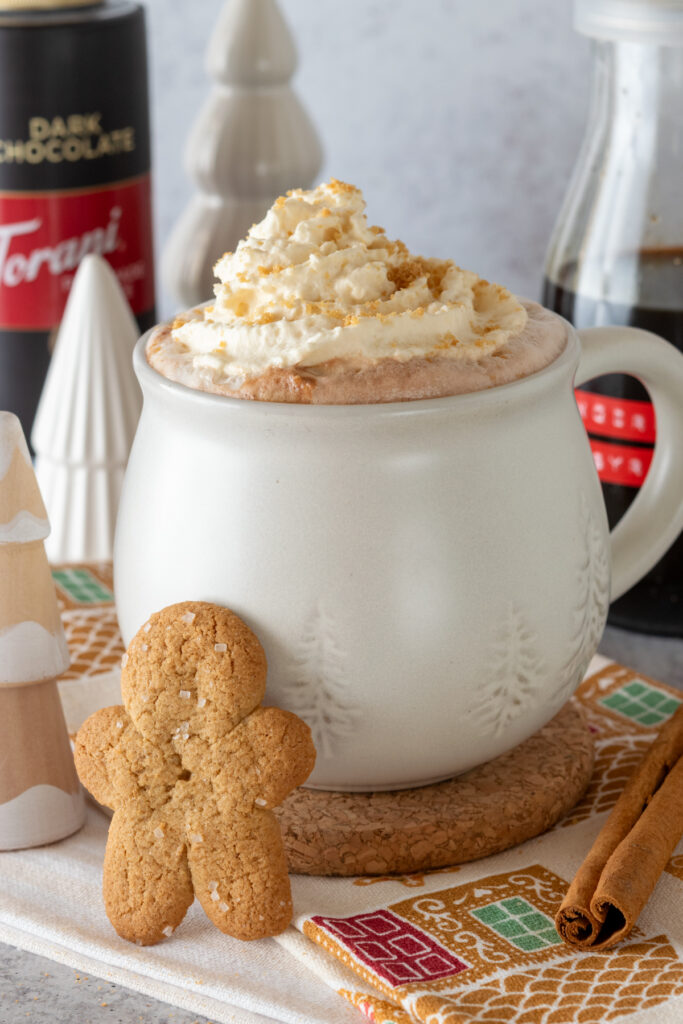 Bottle of gingerbread syrup and Torani dark chocolate sauce behind a cup of gingerbread hot chocolate topped with gingerbread whipped cream.