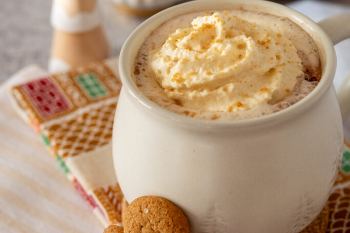 Gingerbread whipped cream on top of a mug of hot chocolate.