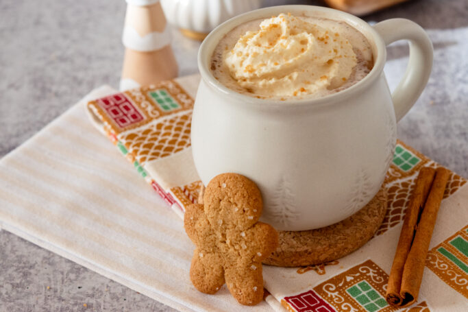 Homemade gingerbread hot chocolate in holiday mug with gingerbread cookie and cinnamon stick near mug.