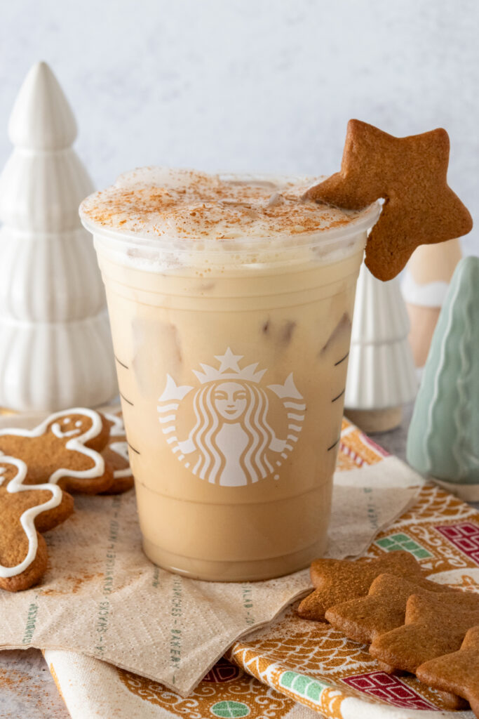 Homemade Starbucks Iced Gingerbread Oat Milk Chai Tea Latte copycat drink in a Starbucks cup.
