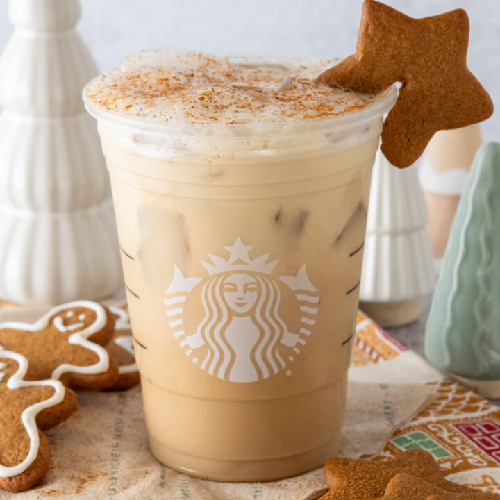 Homemade Starbucks Iced Gingerbread Oat Milk Chai Tea Latte copycat drink in a Starbucks cup.