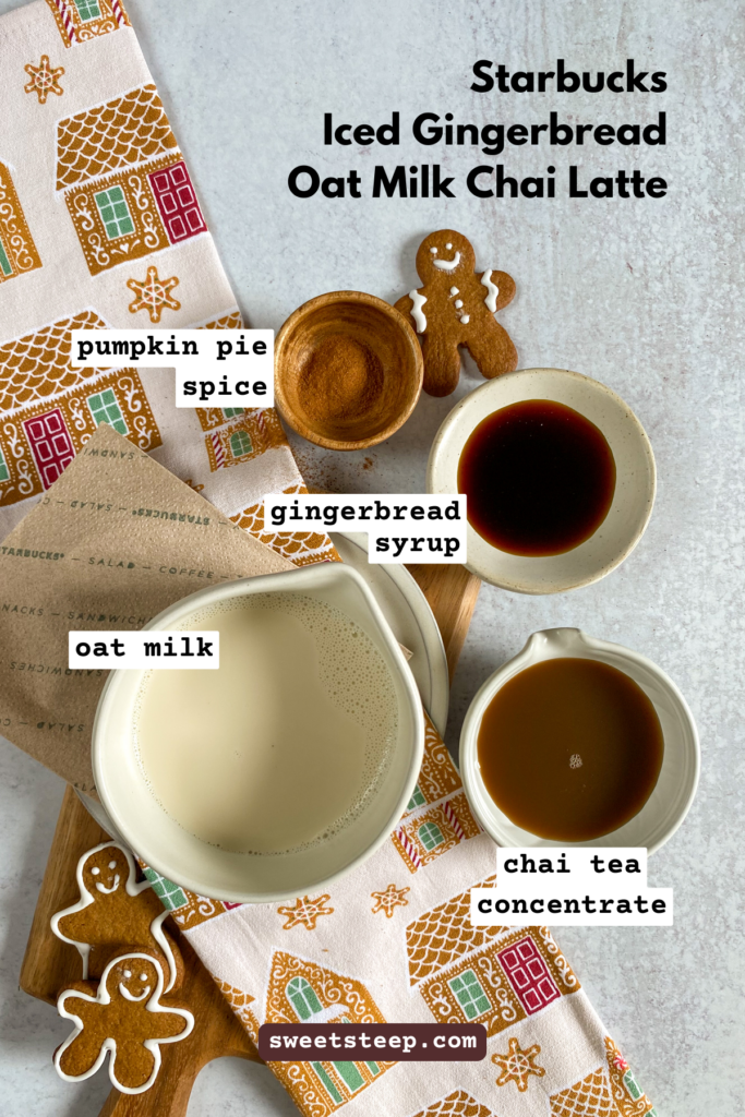 All the ingredients needed to make a Starbucks Iced Gingerbread Chai Tea Latte at home, in small bowls, with a Starbucks napkin and gingerbread cookies.
