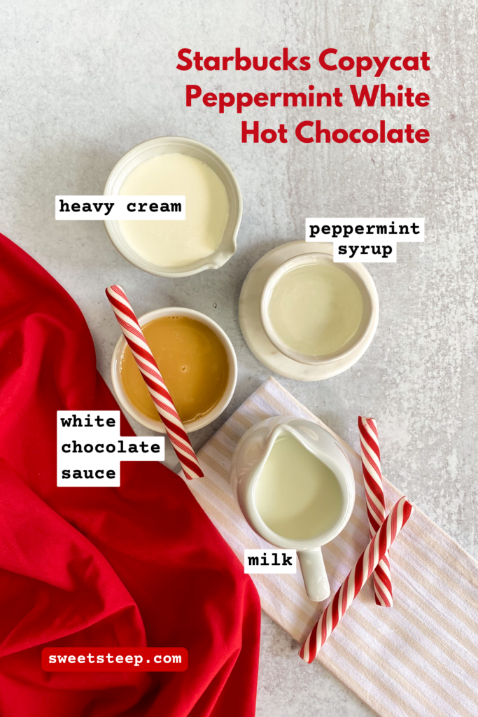Overhead picture of all the ingredients needed to make this peppermint white hot chocolate recipe.