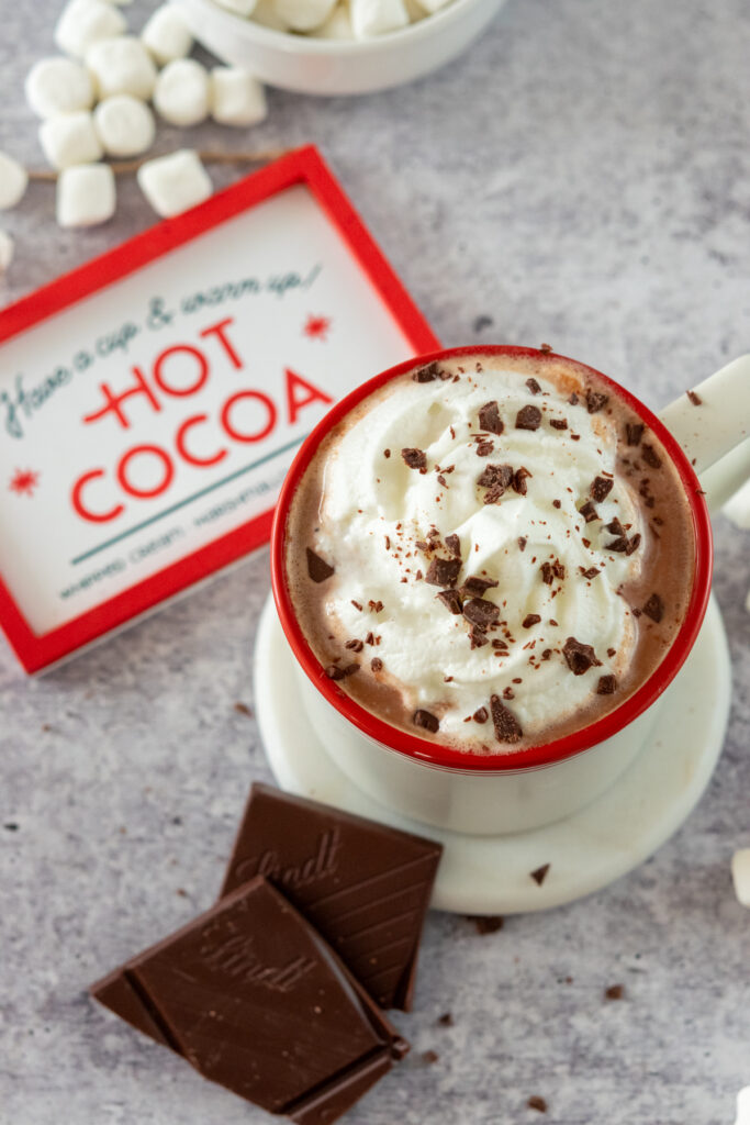 Overhead picture of hot chocolate topped with whipped cream and bits of chopped dark chocolate and a decorative sign that says, have a cup of hot cocoa and warm up.