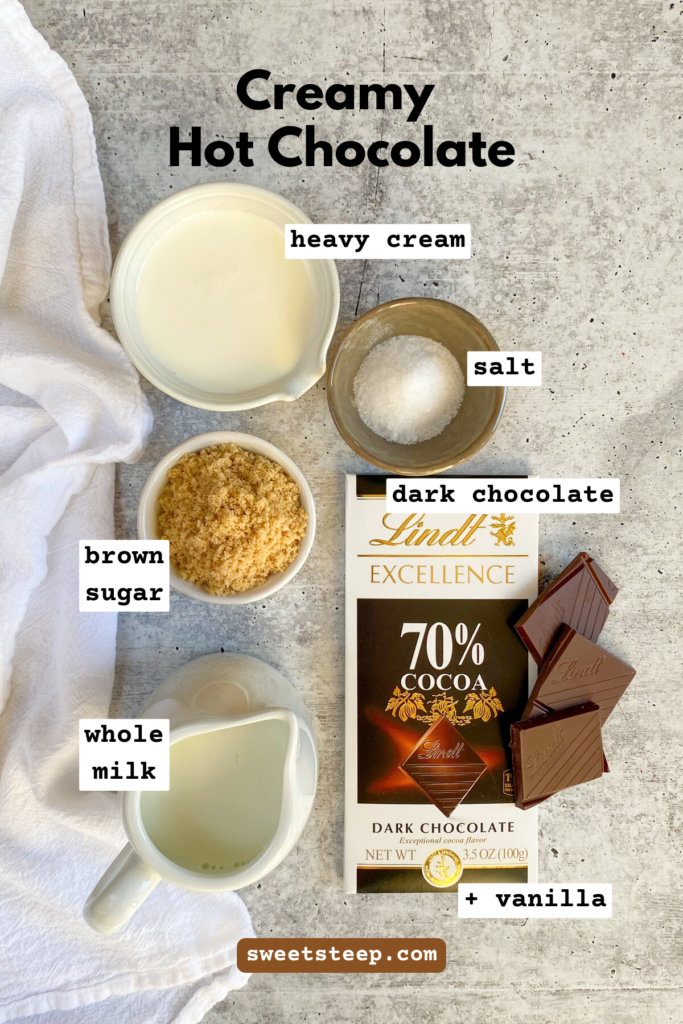 Overhead picture of all the ingredients need to make creamy hot chocolate at home, including a dark chocolate bar, heavy cream, milk and sugar.