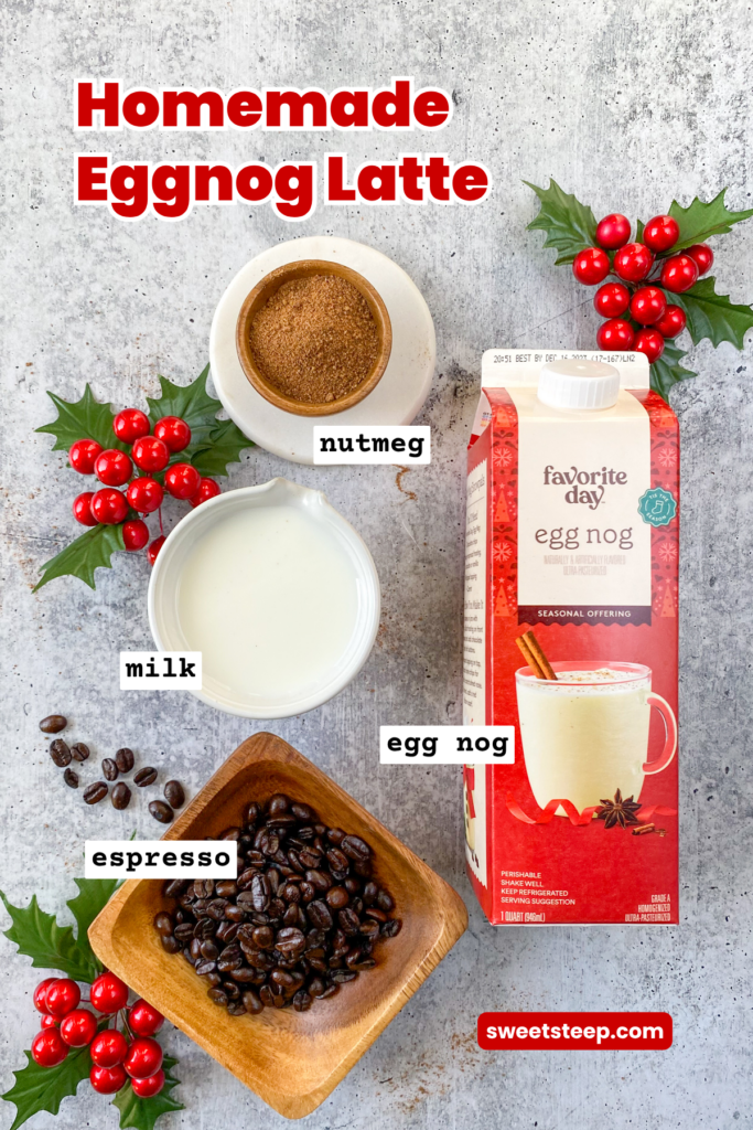 Overhead picture of the ingredients needed to make an eggnog latte, including carton of egg nog, espresso beans, ground nutmeg and milk.