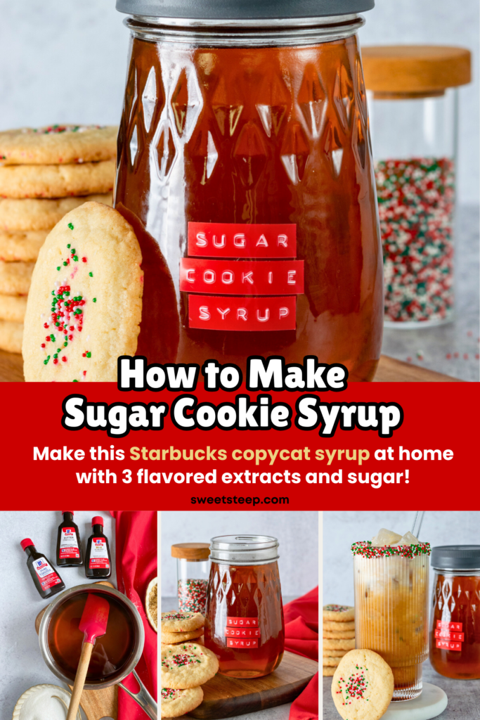 A four-photo image showing a bottle of homemade sugar cookie syrup, the syrup being made in a saucepan on the stove, a bottle of syrup next to some sugar cookies, and an iced sugar cookie latte made with the syrup. The image has text overaly that reads, "How to make sugar cookie syrup, Make this Starbucks copycat syrup at home with 3 flavored extracts and sugar."