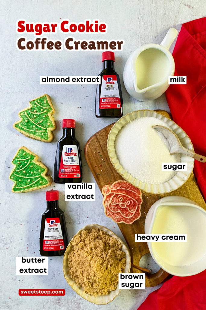 Overhead picture of ingredients needed to make sugar cookie creamer at home, along with some Christmas sugar cookies.