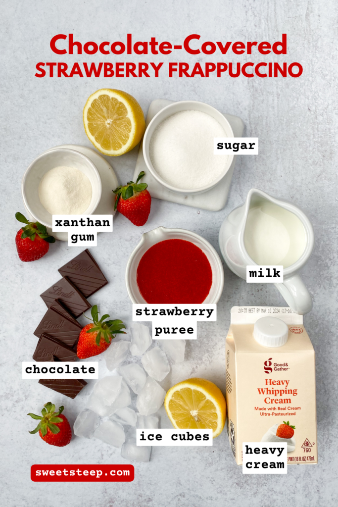 Overhead picture showing all the ingredients in this chocolate strawberry frappuccino recipe.