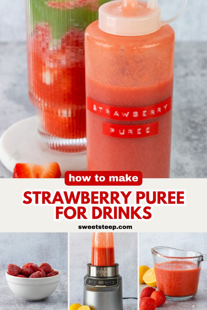Pinterest pin for strawberry puree for drinks recipe.