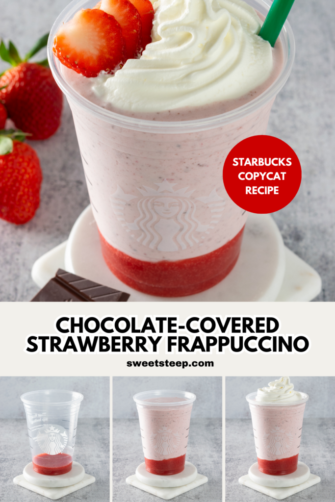 Pinterest pin for Starbucks chocolate-covered strawberry frappuccino recipe.