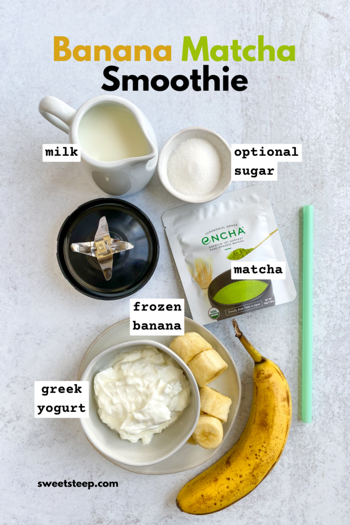 Overhead picture showing a blender blade, straw, and banana matcha smoothie ingredients, including milk, bowl of sugar, Greek yogurt, ripe banana and bag of matcha green tea powder.