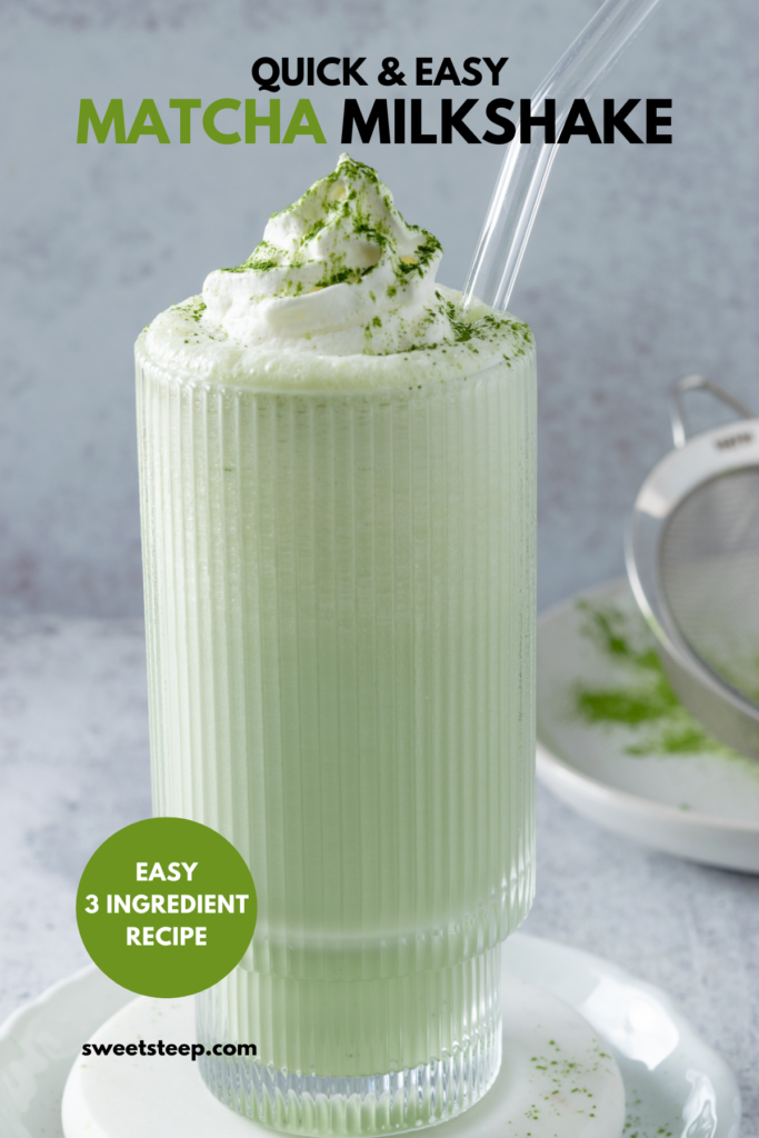 Pinterest pin for easy matcha milkshake recipe.