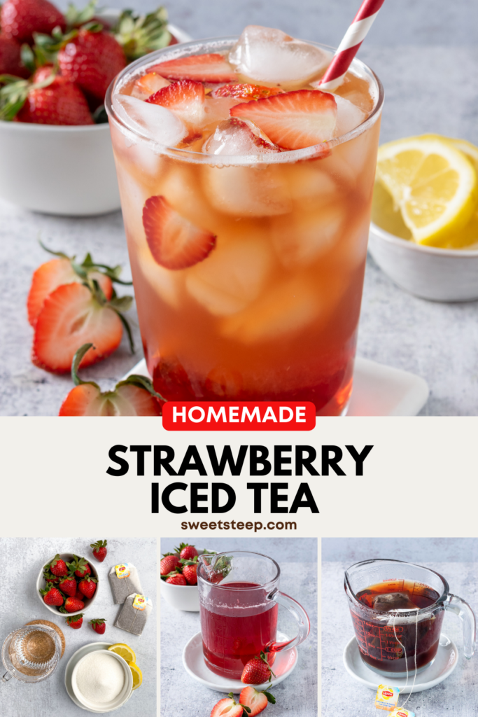 Pinterest pin for homemade strawberry iced tea recipe.