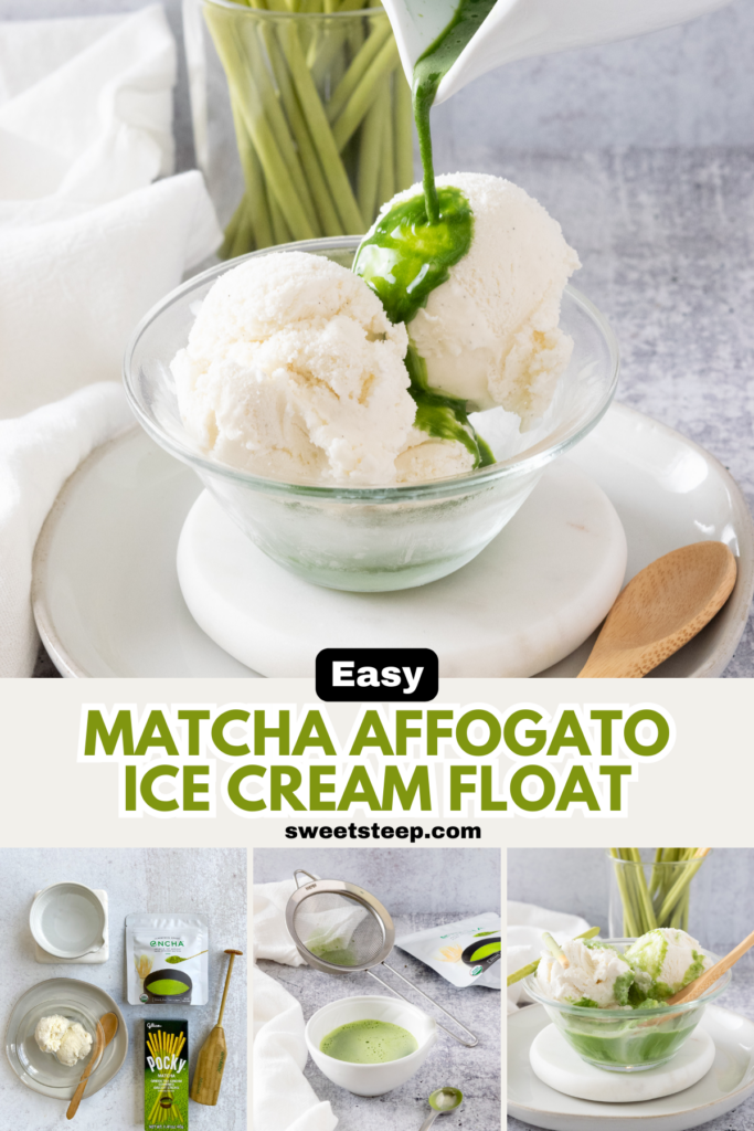 Pinterest pin for matcha affogato ice cream recipe.