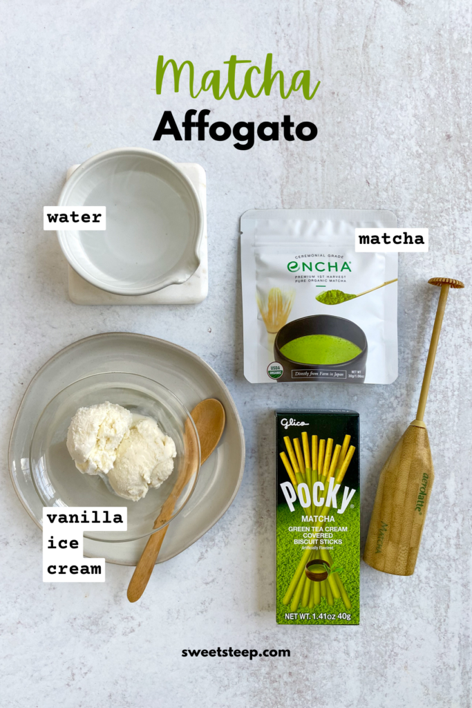 Overhead picture showing all the ingredients needed to make a homemade matcha affogato, including cup of water, bag of matcha powder, scoops of ice cream and optional matcha green tea Pocky sticks to garnish.