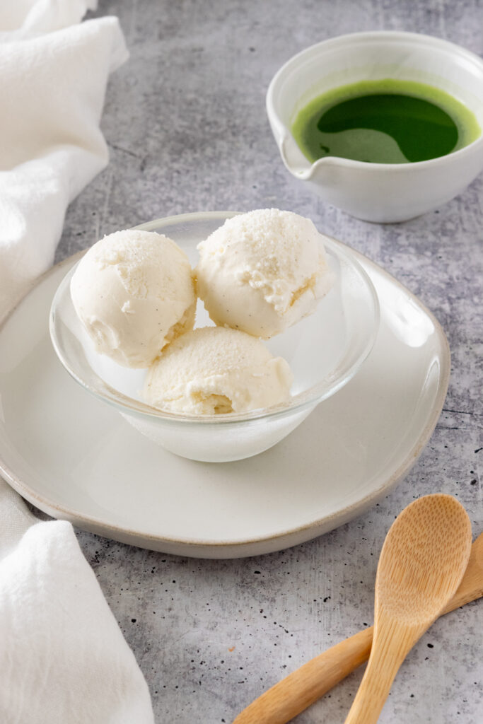 Scoops of vanilla ice cream in a small bowl.