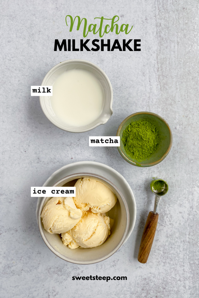 Matcha milkshake ingredients including small pitcher of milk, small bowl of matcha green tea powder, and bowl with three scoops of vanilla ice cream.