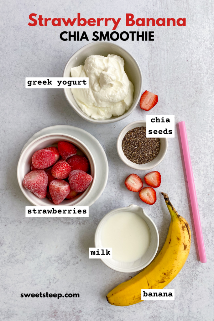 Strawberry Banana Chia Seed Smoothie ingredients, including bowl of Greek yogurt, bowl of frozen strawberries, small bowl of chia seeds, pitcher of milk, and a ripe banana with black on the peel.