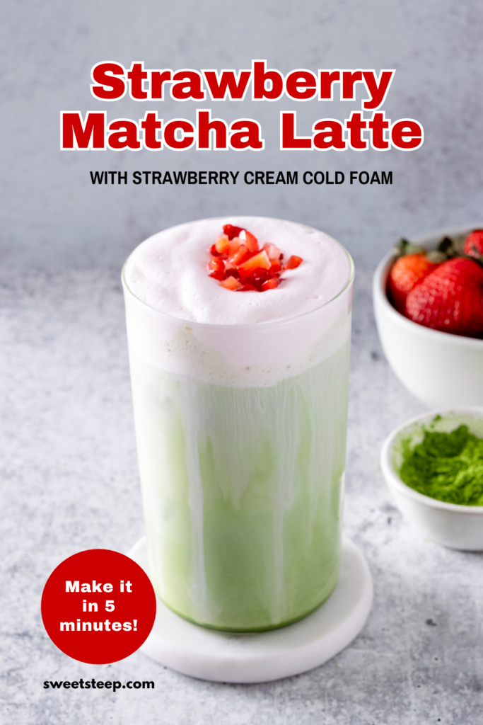 Pinterest recipe pin for an iced strawberry matcha latte with strawberry cream cold foam.