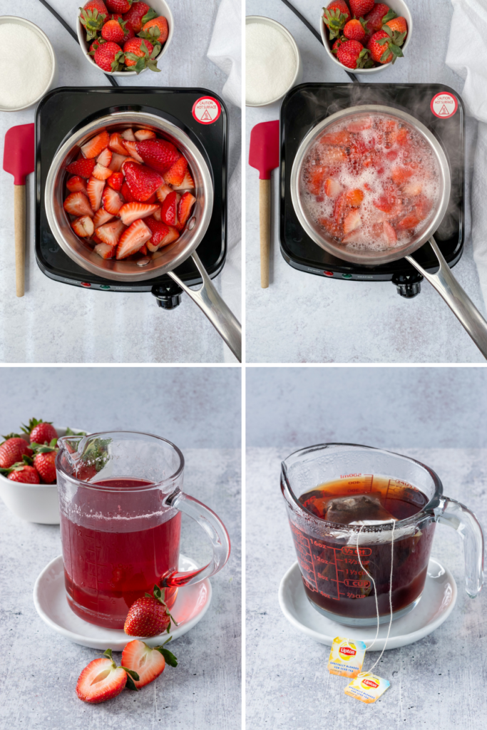 A four grid picture showing strawberries being cooked in a saucepan, a bottle of the homemade syrup, and tea bags brewing in a large glass pitcher.