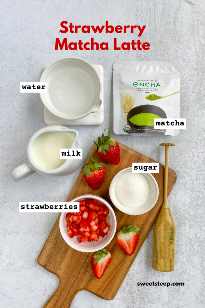 The five ingredients needed for this strawberry matcha latte recipe, including matcha, water, milk, strawberries and sugar.