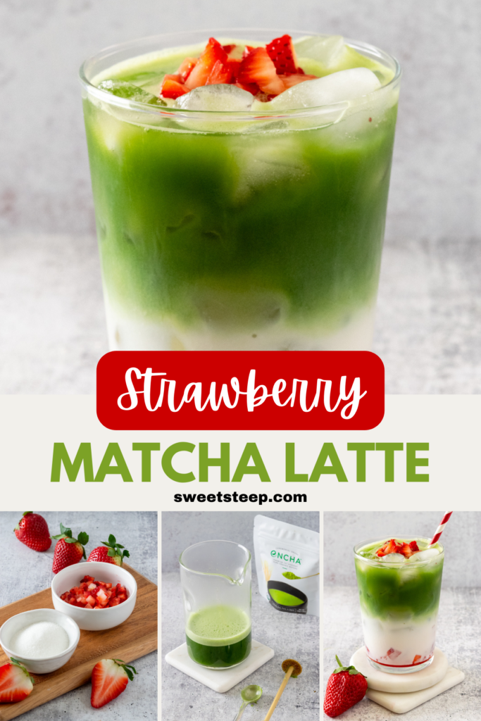 Pinterest pin for strawberry matcha latte recipe.