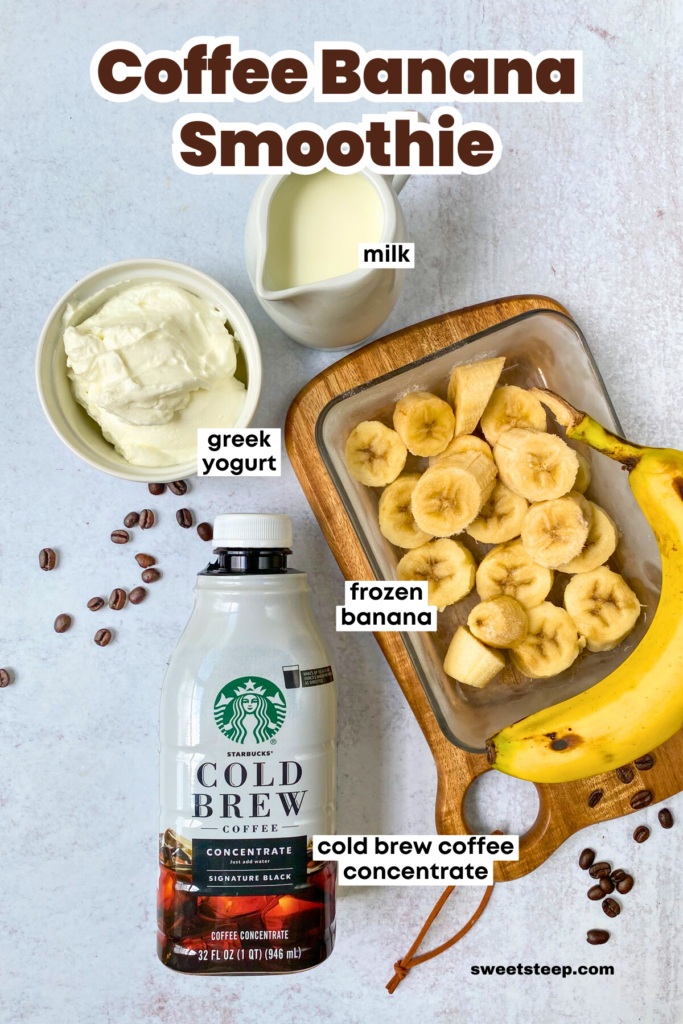 An overhead picture of the four ingredients needed to make this recipe, including a pitcher of milk, bowl of greek yogurt, bottle of Starbucks cold brew coffee concentrate and frozen banana chunks.