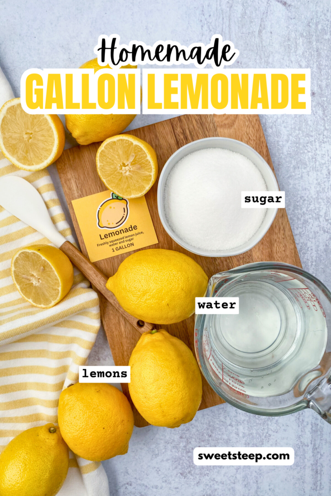 Overhead picture showing a bunch of lemons, measuring cup full of cold water and bowl of sugar to make homemade lemonade with.