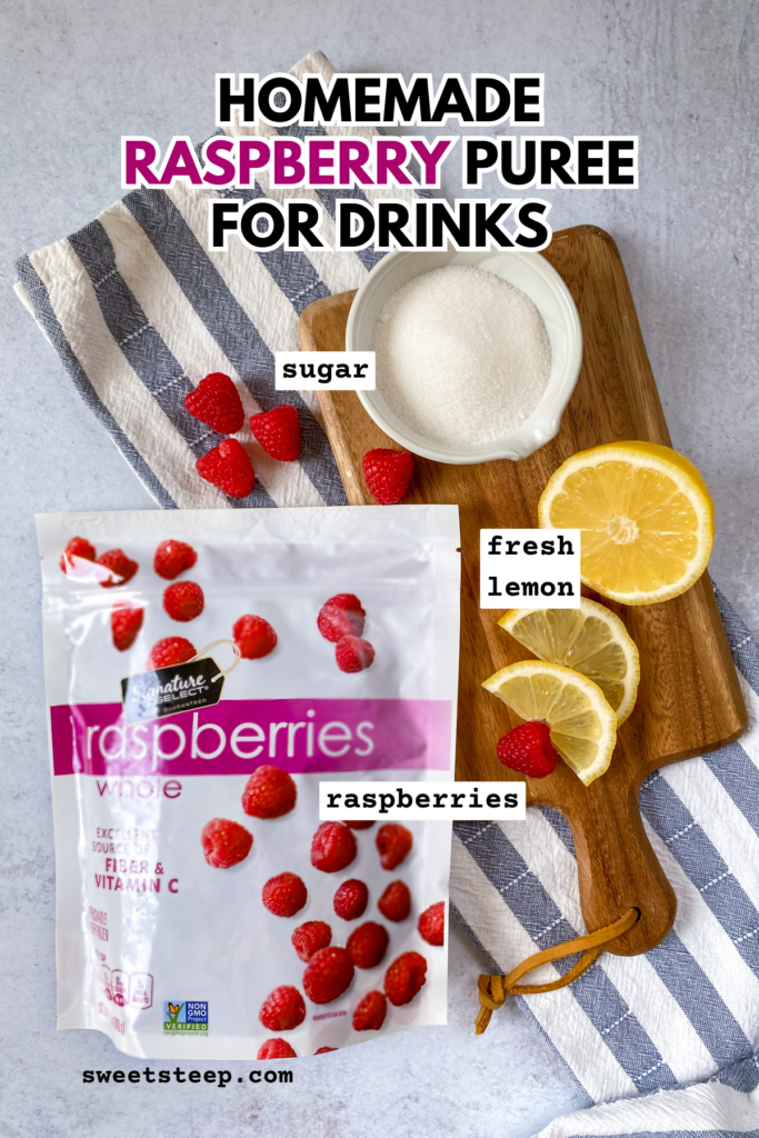 Overhead picture showing all the ingredients needed to make the raspberry puree recipe, including a bag of frozen raspberries, bowl of sugar and fresh lemon cut in half.