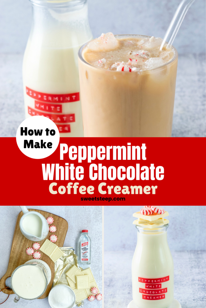 An iced peppermint mocha latte next to a bottle of homemade peppermint white chocolate creamer. The image has text overlay that reads, "How to Make Peppermint White Chocolate Coffee Creamer."