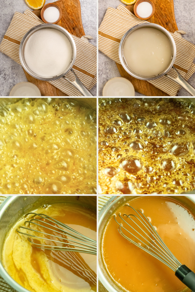 Overhead picture showing all the ingredients in bowls and pitchers, needed to make this salted caramel coffee creamer recipe.