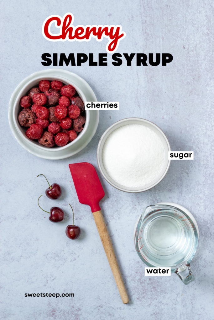 Overhead picture of recipe ingredients, including a bowl of frozen cherries, bowl of sugar, measuring cup of water, three fresh cherries and a red rubber spatula.