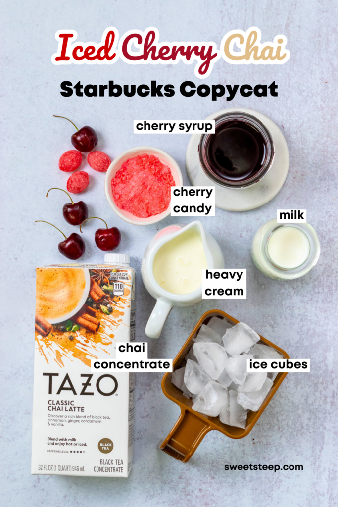 An overhead image showing all the ingredients needed to make an iced cherry chai Starbucks copycat drink at home. There is a carton of Tazo chai concentrate, scoop of ice cubes, pitcher of heavy cream, pitcher of milk, glass jar with cherry syrup, and a small bowl filled with crushed cherry candy bits.