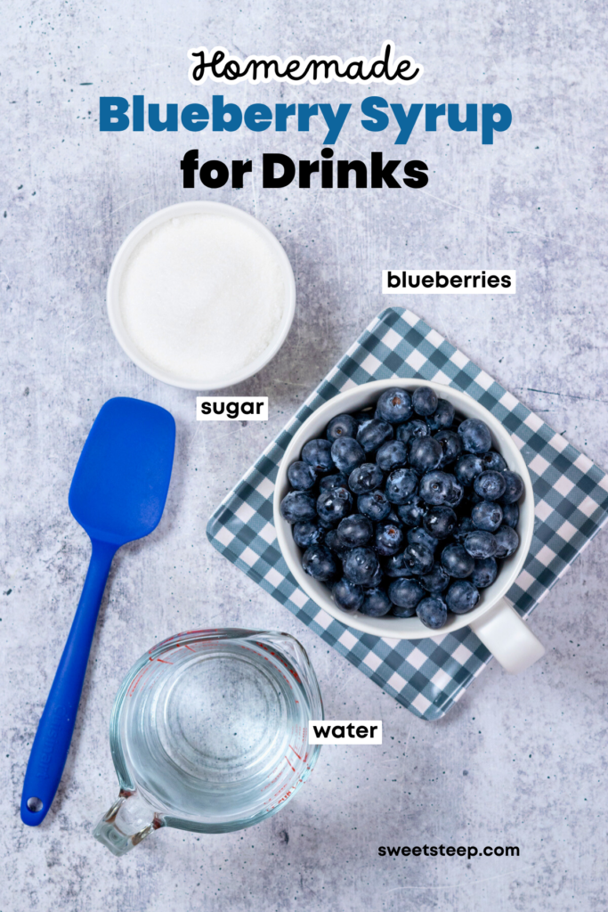 An overhead picture showing the three ingredients needed to make this blueberry syrup.