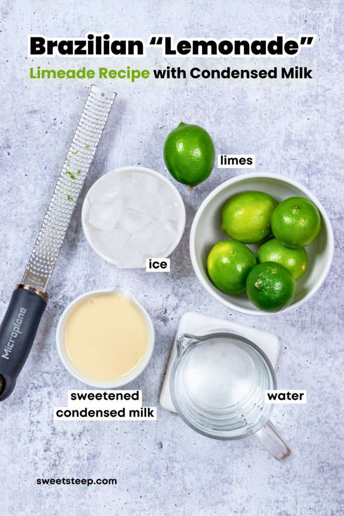 An overhead view of all the ingredients needed to make this drink recipe, including a bowl of limes, a bowl of ice cubes, some sweetened condensed milk and a water. In addition there is a zester that's been used on a lime.