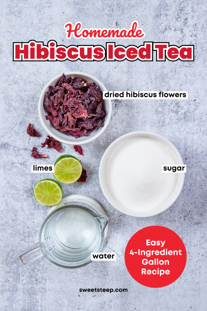 An overhead photo showing the four ingredients needed to make a gallon batch of homemade hibiscus iced tea, including dried hibiscus flowers, sugar, limes and water.