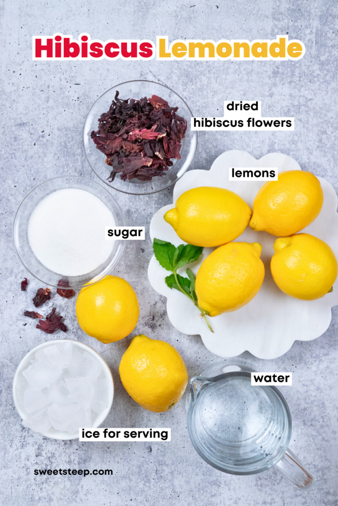 Overhead photo showing all the ingredients needed to make homemade hibiscus tea lemonade. Each ingredient is labeled, including dried hibiscus flowers, lemons, sugar, water, and ice for serving.