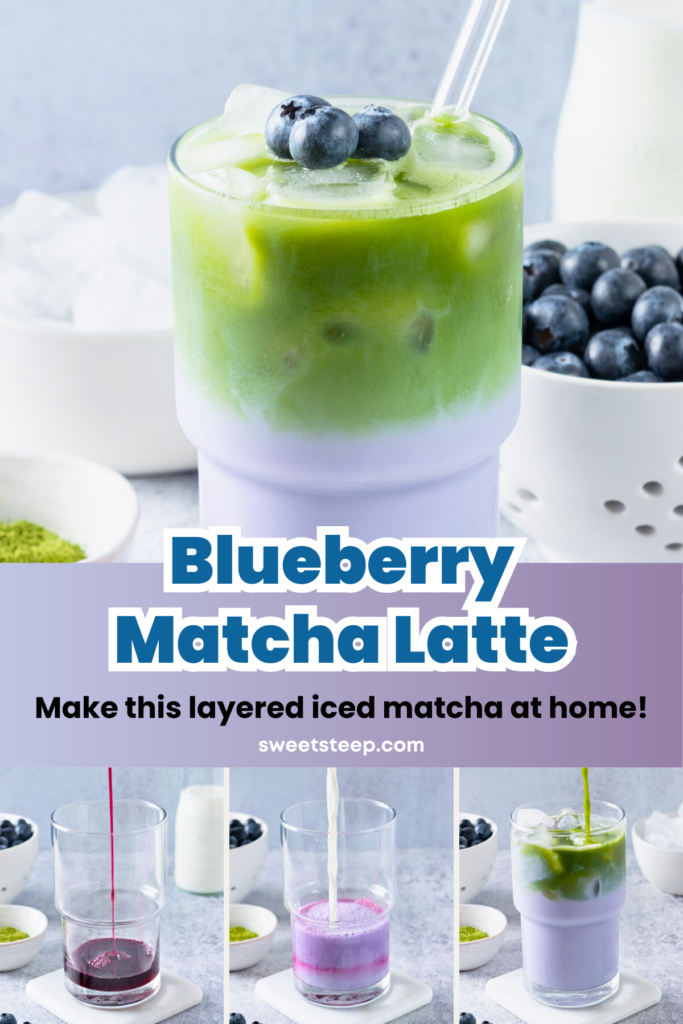 Collage of four images showing how to make a blueberry matcha latte: one finished drink styled with matcha powder and fresh blueberries, plus three step-by-step photos showing blueberry syrup poured into a glass, milk added over ice, and matcha being poured on top to create layers.