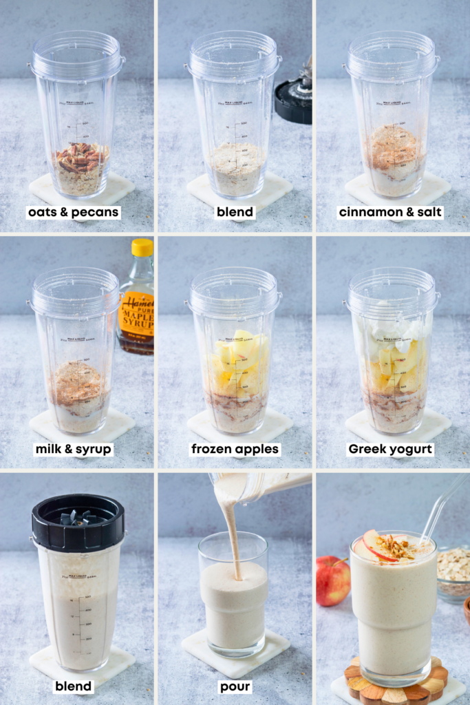 A nine-photo grid showing the steps of adding the apple smoothie ingredients to a blender cup. The final image shows the blended apple cinnamon smoothie poured into a cup with a straw in it.