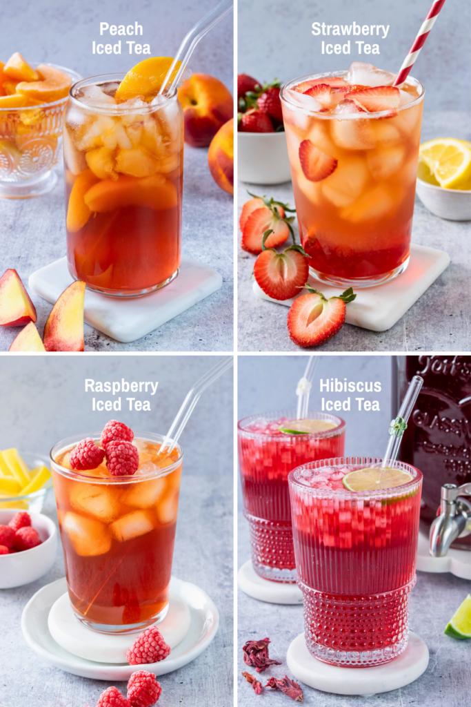 A four-photo grid showing homemade peach, strawberry, raspberry and hibiscus iced tea drinks.