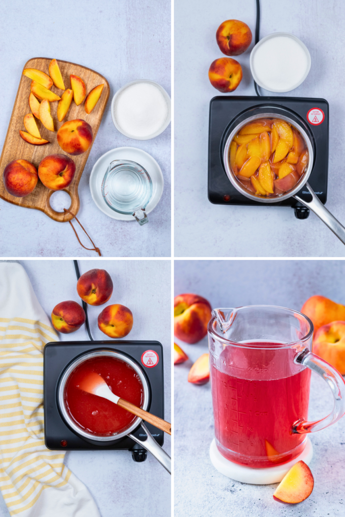 A four-photo-grid image showing the steps to make homemade peach syrup for iced tea. The photos include ingredients needed, peach wedges simmering in water, the syrup after peaches have been strained out, and the pinkish peach syrup in a glass measuring cup.