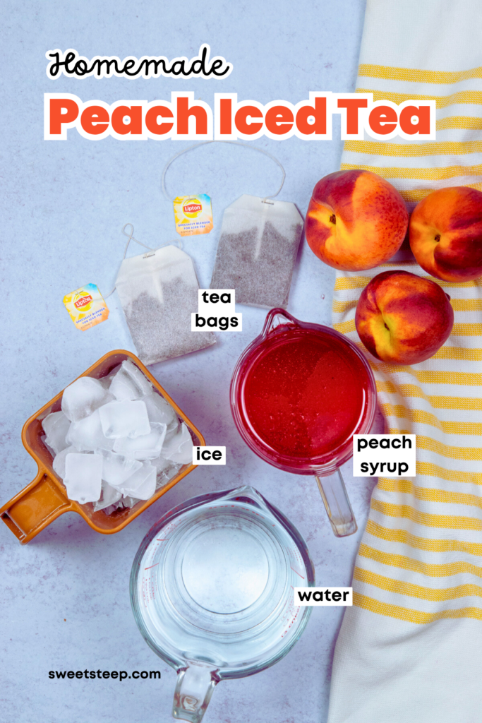 The ingredients needed to make peach iced tea, including tea bags, peach syrup, ice and water.