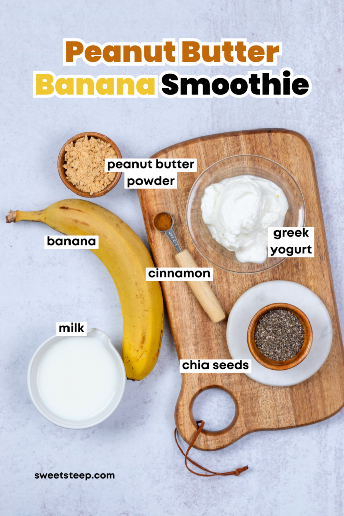 All the ingredients needed to make a peanut butter banana smoothie in small bowls, including peanut butter powder, greek yogurt, frozen banana, cinnamon, chia seeds and milk.