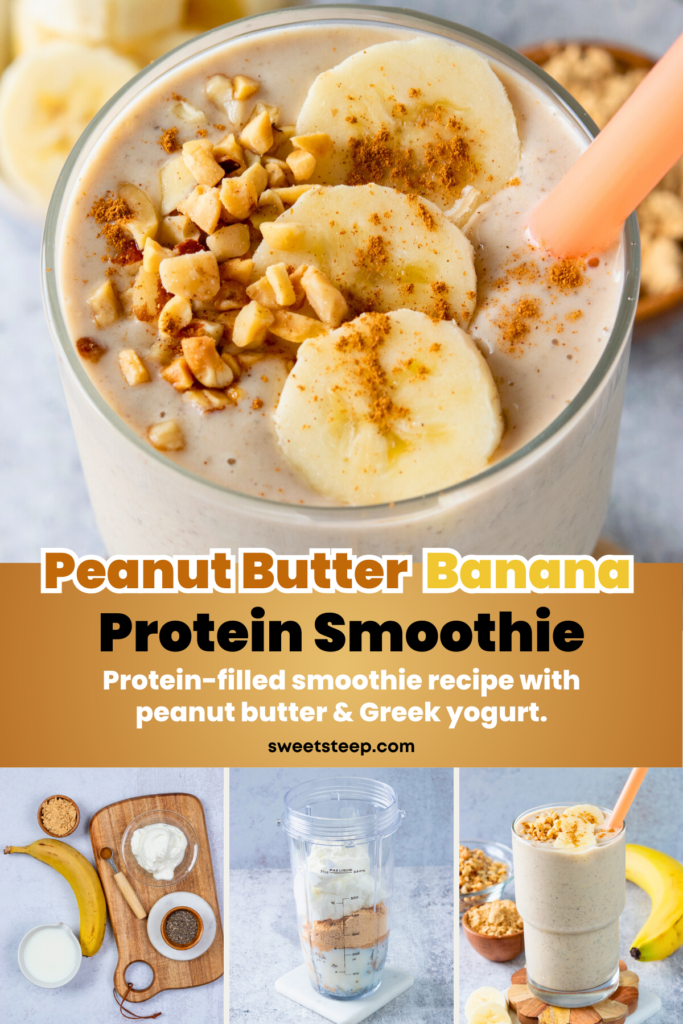 A close-up of the top of a creamy smoothie with peanuts and banana slices on top, in addition to photos showing the ingredients needed to make this peanut butter banana smoothie, the ingredients in a blender, and a tall glass filled with this protein-rich smoothie.